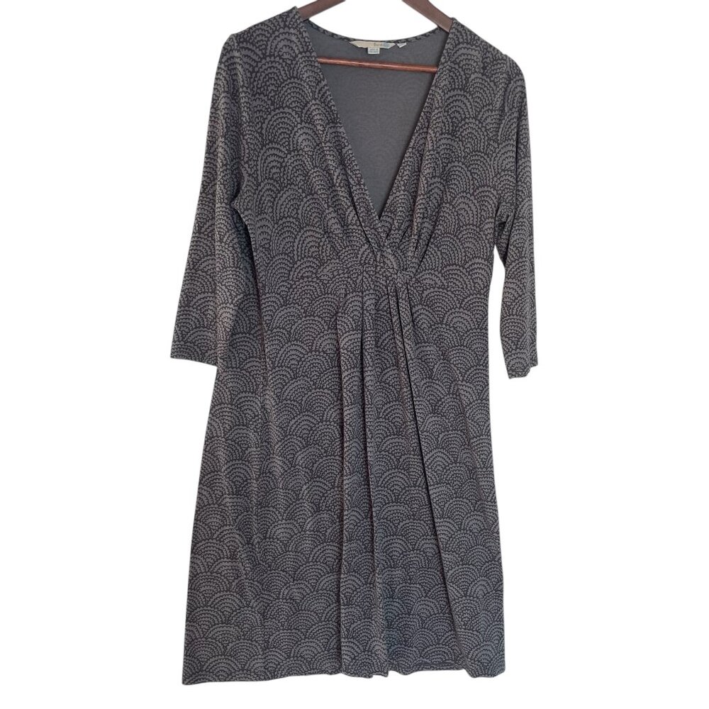Boden Floaty Jersey Faux Wrap Sheath Dress Size 16 Gray Fan Cloud Print V Neck